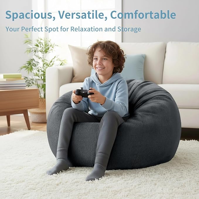 Nobildonna 3 ft Bean Bag Chair Cover (No Filler) 35"×43" Large Stuffed Animal Storage Bean Bag Washable Big Beanbag Chair Cover Premium Corduroy Bean Bag Cover for Adults,Kids,Dark Grey 300L