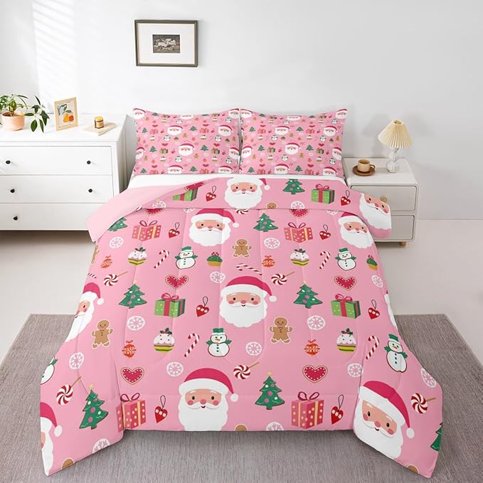 Feelyou Santa Claus Kids Comforter Set Twin Size Christmas Decor Bedding Set New Year Gift Duvet Quilt for Kids Boys Girls Bedroom Merry Christmas Decor Microfiber Ultra Soft Breathable