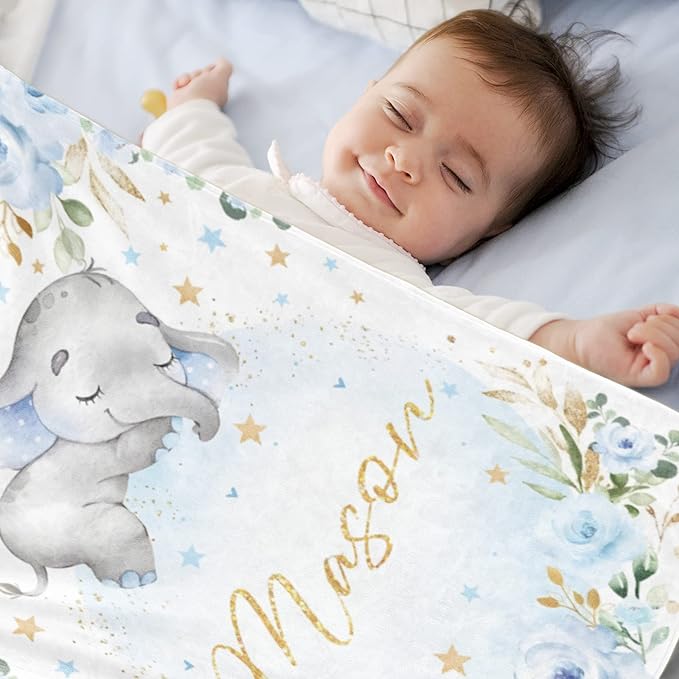Elephant Baby Blanket Personalized Blanket with Name for Boy, Custom Name Blanket for Newborn Boy, Soft Flannel Toddler Blanket Customized Gift for Birthday Christmas Baby Shower 30" X 40"