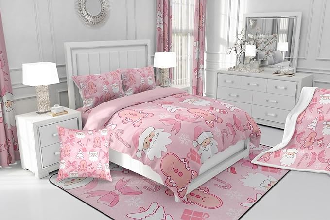 Feelyou Pink Christmas Bedding Set Soft for Boys Girls, Santa Claus Comforter Set Queen Size Gingerbread Man Duvet Quilt Microfiber Bow Candy Cane Bedroom Decor 3 Pcs with 2 Pillow Cases