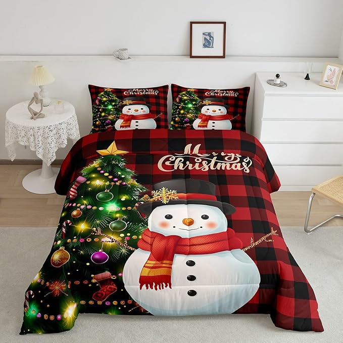 Manfei Christmas Comforter Set King Size, Snowman Christmas Tree Quilt Set with 2 Pillowcases, Red Plaid Grid Print Bedding Set 3pcs for Kids Boys Girls Room Decor