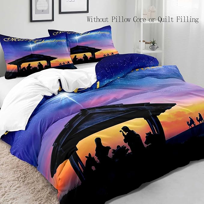 LUVIVIHOME 3PCS Christmas Duvet Cover Queen Bedding Sets, Purple Blue Galaxy Sunset Manger Nativity Scene O Holy Night Winter Holiday Xmas Christmas Comforter Quilt Cover, Bed in a Bag, 2 Pillow Shams