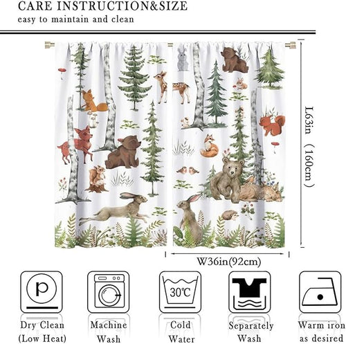 Animal Kids Curtains, Woodland Squirrel Rabbit Bear Animal Friends Forest Curtains for Boys and Girls Bedroom Living Room Kitchen 72x63in