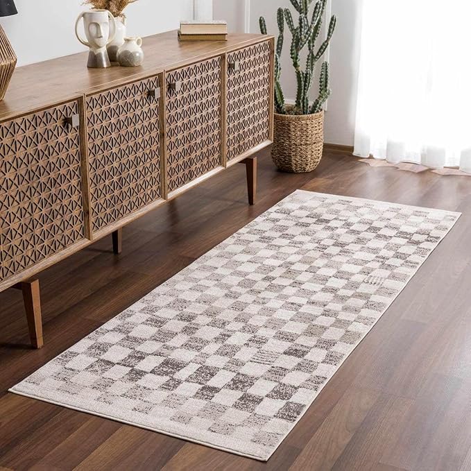 Hauteloom Pertek Modern Checkered Area Rug - Modern Geometric Carpet for Living Room, Kids Room, Nursery - Bohemian Boho Carpet - Brown, Beige, Cream - 7'10" x 10'