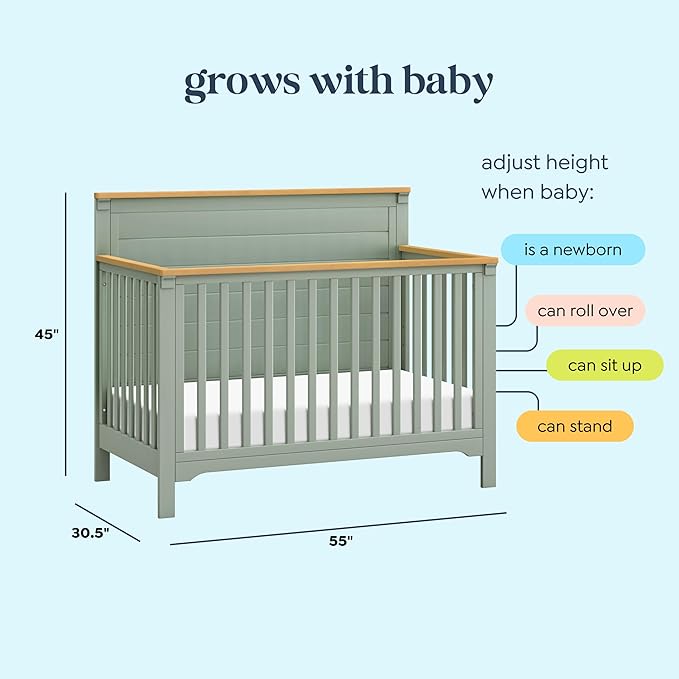 daVinci Shea 4-in-1 Baby Crib Convertible to Toddler Bed, Daybed, Full-Size Bed - FSC, GREENGUARD Gold Certified Wood Crib, Conversion Kits Sold Separately - 4 Adjustable Heights, Light Sage and Honey