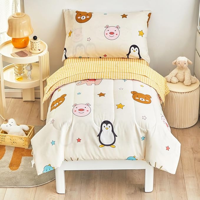 Flysheep 4 Piece Colorful Beige Toddler Bedding Set Happy Animals Printed for Baby Boys and Girls - Includes Quilted Comforter, Flat Sheet, Fitted Sheet & Pillow Case, Soft & Comfortable Microfiber