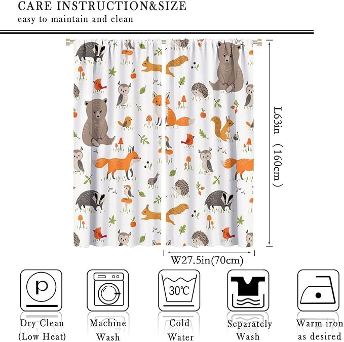 Forest Animal Curtains for Kids, Cartoon Safari Woodland Animals Window Treatments Cute Wild Jungle Bear Fox Deer Bear Window Drapes for Girls Boys Nursery Toddler Bedroom 55x63in
