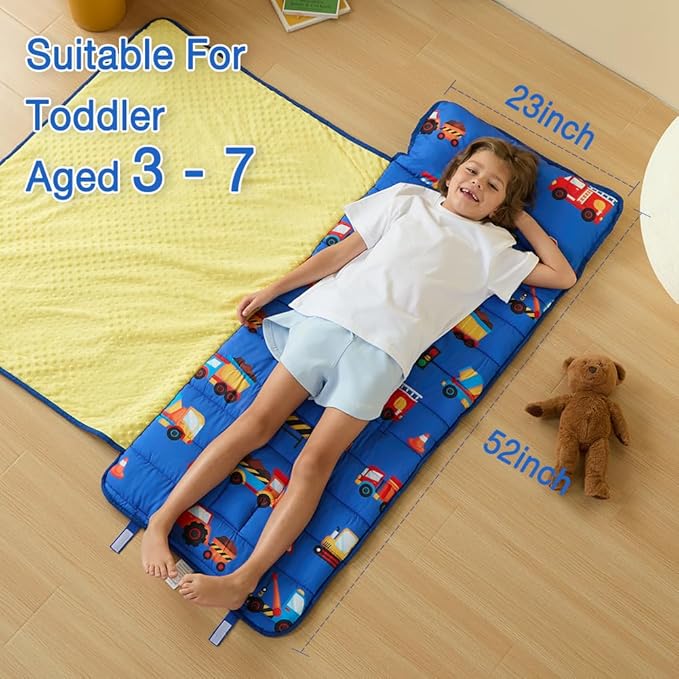 beeweed Toddler Nap Mat, Rollup Design Kid Sleeping Mat with Removable Pillow & Minky Blanket, Toddler Sleeping Bag for Daycare Preschool Travel Camping