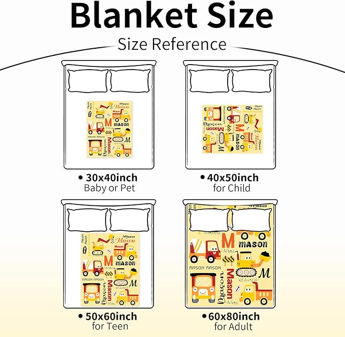 Personalized Construction Blanket with Name for Baby Boys Girls, Custom Truck Blanket Construction Vehicles, Soft Flannel Toddler Blankets Customized Gift for Newborn Baby Shower Birthday-30x40inch