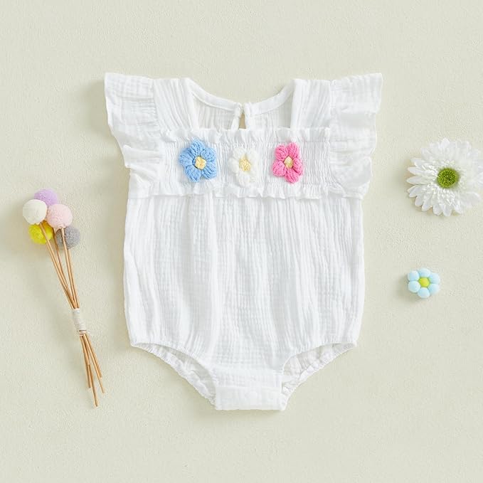 Gaono Newborn Baby Girl Smocked Bubble Romper Cute Boho Summer Clothes Ruffle Sleeveless Crochet Flower Vintage Bodysuit