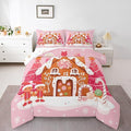jejeloiu Kids Christmas Theme Comforter Set Twin Size Cute Gingerbread Man Bedding Set for Boys Girls Teens Pink Xmas Tree Candy House Winter Snowflake New Year Duvet Quilt Room Decor