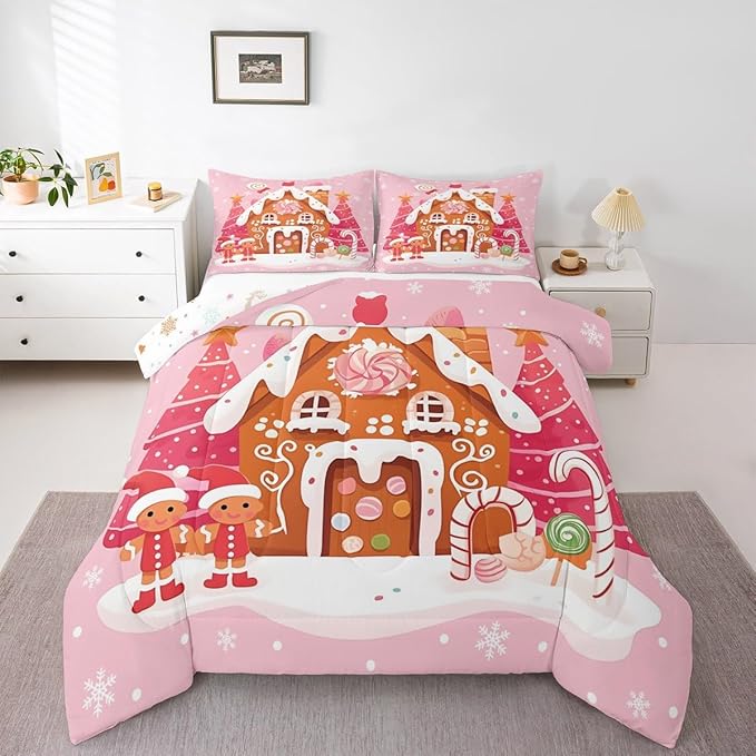 jejeloiu Kids Christmas Theme Comforter Set Queen Size Cute Gingerbread Man Bedding Set for Boys Girls Teens Pink Xmas Tree Candy House Winter Snowflake New Year Duvet Quilt Room Decor