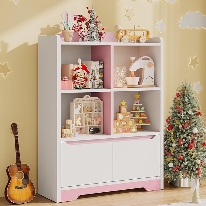 Kids Bookshelf and Toy Organizer, 2 Tier Kids Book Shelf for Kid Rooms with 2 Doors, 4 Cubes Storage Organizer,Wood Children Bookcase,Freestanding Toddler Book Display Shelf for Playroom