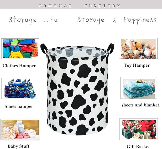 KUNRO Round Laundry Gift Basket Storage Hamper, Kids Toys and Clothes Storage Organizer Bins, Toy Shelf Basket with Handles for Room Decor (Rould Cow pattern)