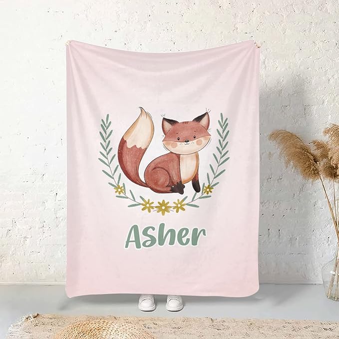 Cute Fox Pink Personalized Receiving Sherpa Fleece Baby Blankets for Girls Boys Kids, Swaddle Blankets Gift for Newborn Crib Infants 30x40 Inches