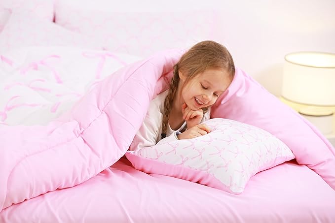 7 Pieces Cartoon Bowknot Kids Comforter Full,Pink Bow Tie Butterfly Knot Princess Bedding Set,Watercolor Bow Patchwork Pink White（Comforter+Fitted+Flat Sheet+2 Pillowcases+2 Throw Pillow Covers）