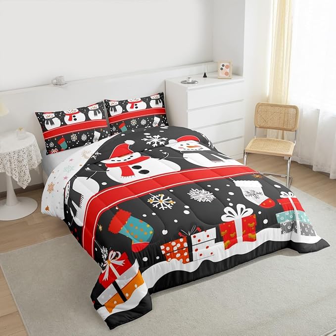 Feelyou Christmas Comforter Set King Size Snowman Bedding Set for Kids Boys Girls Snowflake Duvet Quilt New Year Gift Bedroom Decor Microfiber 3 Pcs with 2 Pillow Cases