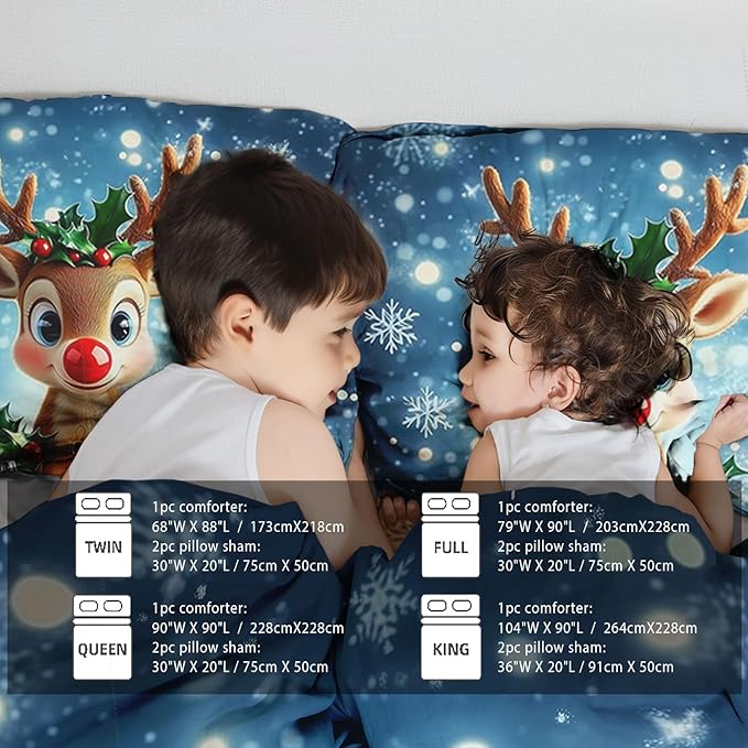 Raphus cucullatus Christmas Bedding King,Reindeer Christmas Decor Comforter Set,Holiday Bedding Winter Quilt,Snowflake Navidad Comforter Set King,Cute red Nose Reindeer Quilt