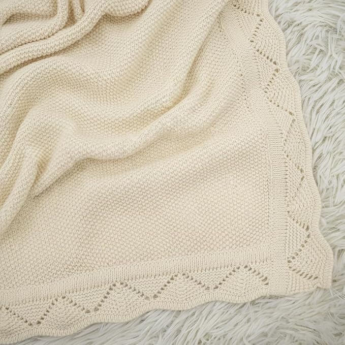 Baby Knit Blanket Soft Breathable Cotton Scallop Border Blankets Newborn Knitted Blanket Swaddle Blankets Gifts for Baby Newborn Toddler Shower Boy Girl New Mom Birthday Christmas Cream 30x40