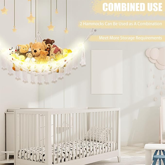 Stuffed Animal Hammock with LED Light, Large Stuffed Animals Storage Corner Plushie Net for Kids Room Decor, Jumbo White