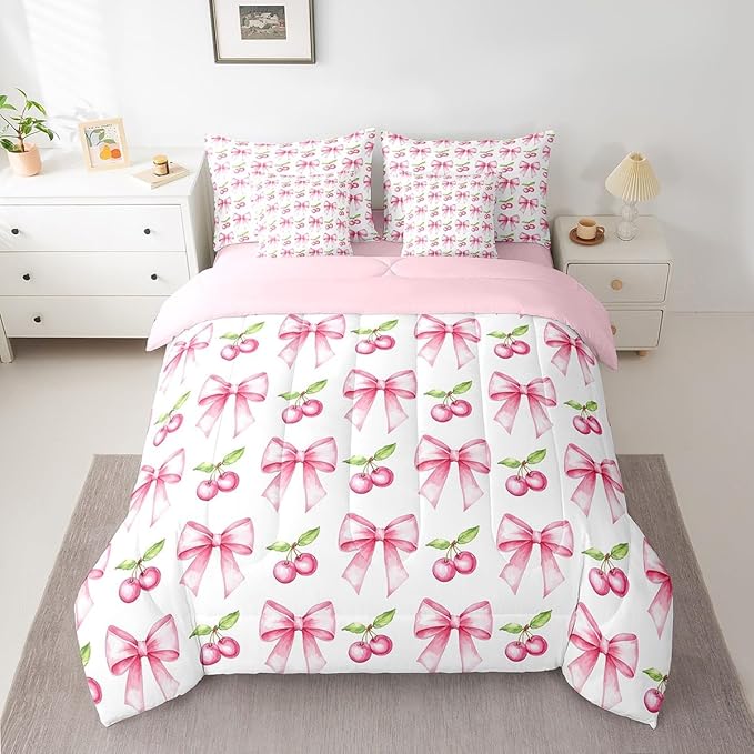 7 Pieces Pink Bowknot Kids Comforter Twin,Cherry Tropical Fruit Cartoon Bedding Set,Bow Tie Butterfly Knot Princess Dreamy Fashion（Comforter+Fitted+Flat Sheet+2 Pillowcases+2 Throw Pillow Covers）