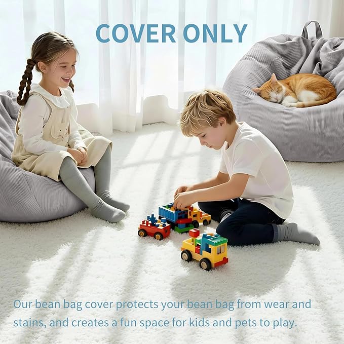 Nobildonna 3 ft Bean Bag Chair Cover (No Filler) 35"×43" Large Stuffed Animal Storage Bean Bag Washable Big Beanbag Chair Cover Premium Corduroy Bean Bag Cover for Adults,Kids,Light Grey 300L