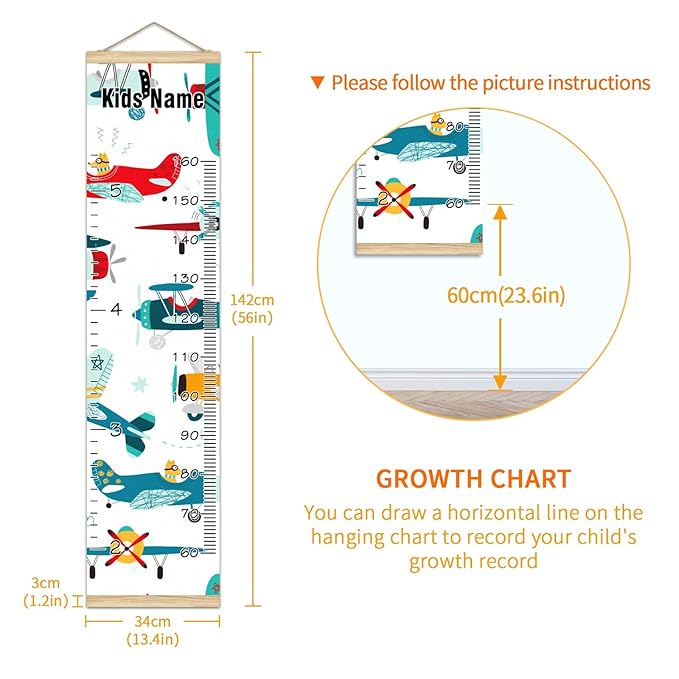 Personalized Kids Name Growth Chart Ruler for Wall Wood Frame Height Measure Chart 13.4x56 in Linen Hanging Height Growth Chart Colorful Plane Helicopter Kids Room Decor