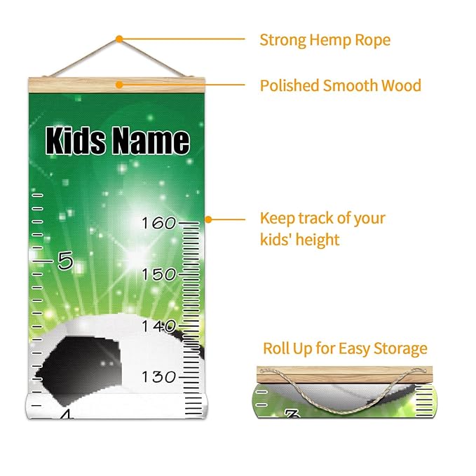 Personalized Kids Name Growth Chart Ruler for Wall Wood Frame Height Measure Chart 13.4x56 in Linen Hanging Height Growth Chart Football Soccer Kids Room Decor