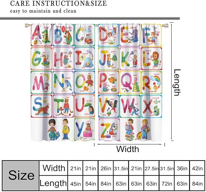 Kids Alphabet Curtains Cartoon Animal Funny Education Learning Curtain with Rod Pocket for Bedroom Nursery Children Toddler Decor Drapes Window Treatments 2 Panels Set 84" W X 84" L