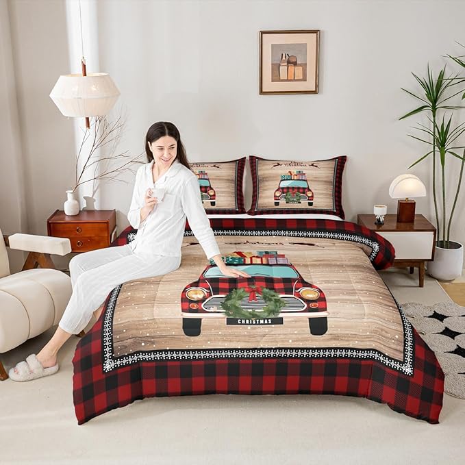 Snowflake Deer Red Plaid Comforter Set with 2 Pillowcases,Rustic Farmhouse Brown Wooden Super Soft Microfiber Bedding Set for Adults Teens,Christmas Plaid Truck Duvet Set for Room Decor,King