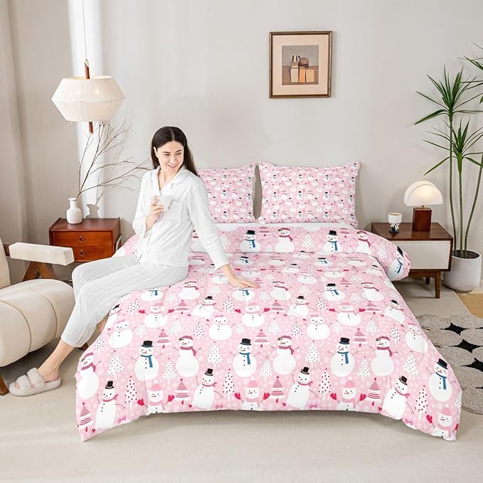 Castle Fairy Merry Christmas Bed Comforter Set Queen Size,Cartoon Pink Dreamy Super Soft Microfiber Bedding Set for Adults Teens,Snowman Christmas Tree Comforter Set,2 Pillowcases