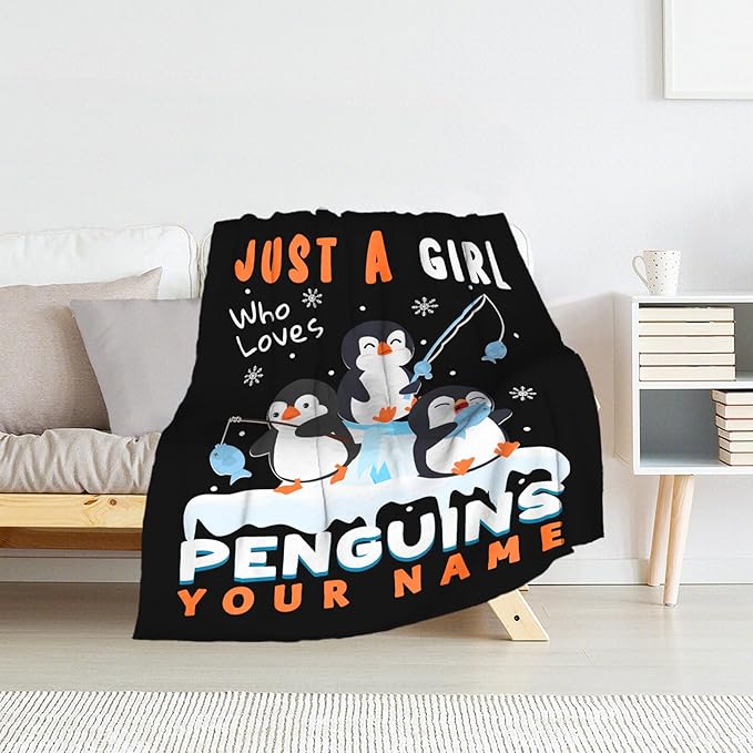 Custom Penguin Blanket for Teen Girls - 50" x 60" Inches Cute Penguin Throw Blanket Gift - Black Soft Warm Throws for Couch, Bed & Travel