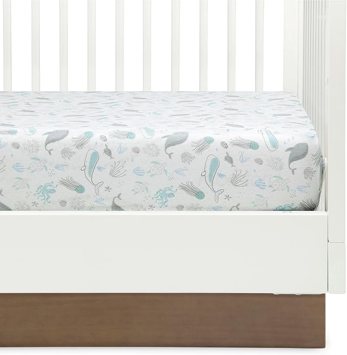 Delta Children Fitted Crib Sheets for Girls and Boys - 100% Organic Cotton Crib Sheet for Standard Crib and Toddler Mattresses - 28x52 Inch- GOTS Certified (Pack of 2), Sea Life