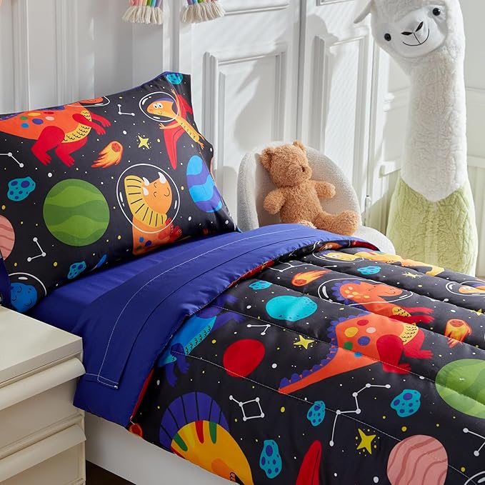4 Pieces Toddler Bedding Set for Boys Girls Black Toddler Bed Set - Ultra Soft Cartoon Space Orange Dinosaur Toddler Bed in a Bag - 1 Comforter Set 1 Fitted Sheet 1 Flat Sheet 1 Pillowcase