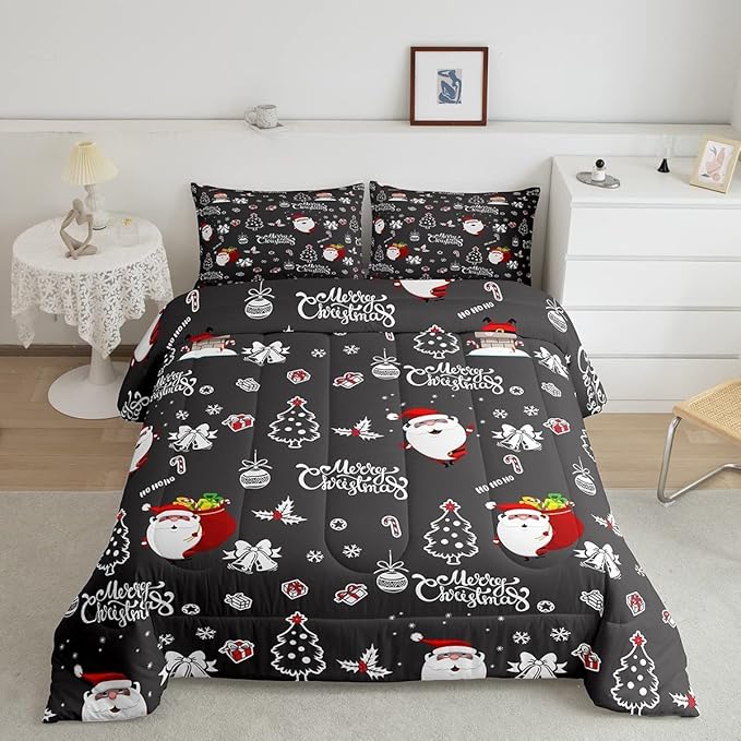 Feelyou Christmas Comforter 3 Pieces Santa Claus Comforter Set White Snowflake Christmas Printed Xmas Festival Bedding Set with 2 Pillowcases (Queen, Grey Black) Boys