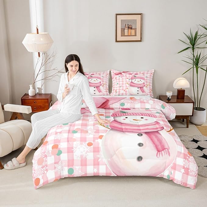 Castle Fairy Cute Cartoon Snowman Comforter Set,Pink Bow Girly Style Bedding Set Kids Teens Modern Decor,Pink White Geometric Grid Dots Comforter with 1 Pillowcase for All Seasons,Twin