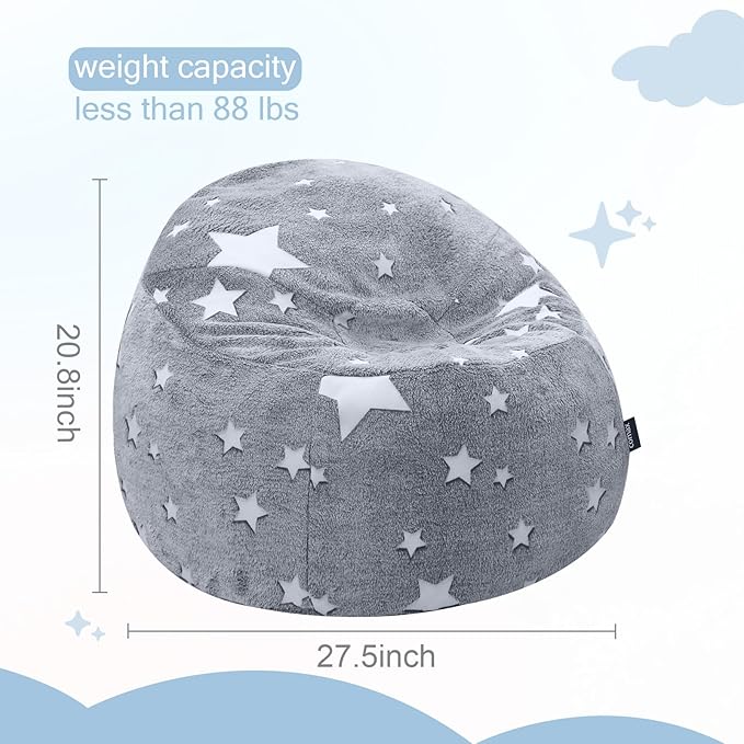 COMAX Bean Bag Chairs for Kids, Toddler BeanBag Sofa with Filler Bean Couch Stuffed for Boys and Girls, Lazy Floor Chair for Playroom, Nursery Room, Glowing Grey Star