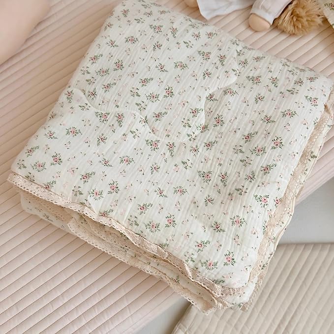 BuLuTu Muslin Cotton Kids Comforter with Lace Edge, Chic Shabby Floral Print Toddler Quilts, Soft Lightweight Baby Crib Quilted Blanket, Pomegranate Pattern, 47"x59", All Seasons