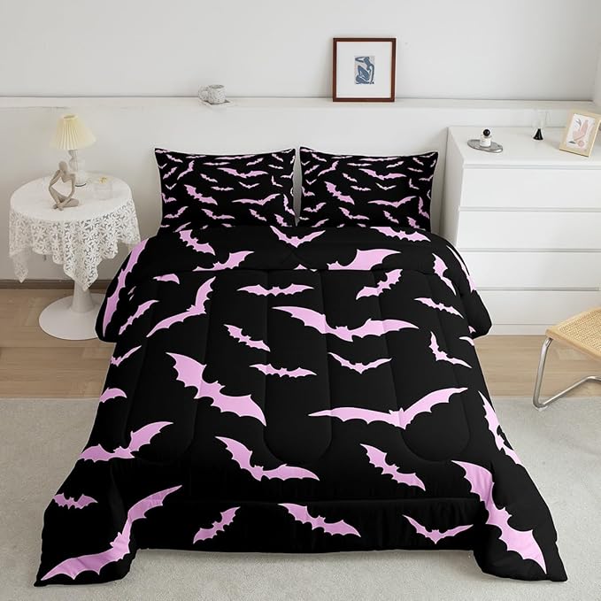 Erosebridal Halloween Bedding Set Full Size for Kids Boys Youth Pink Bats Comforter Set Happy Holiday Gothic Quilt with 2 Pillow Cases Spooky Animal Bedding Comforter Sets
