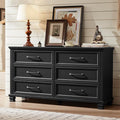 Farmhouse 6 Drawer Dresser for Bedroom, 54 inch Wide Rustic Vintage Chest of Drawers with Square Solid Wood Legs, Large TV Stand for Living Room, Wooden Storage Dressers for Hallway, Black