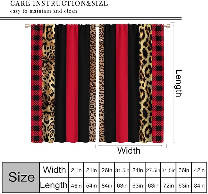 Leopard Skin Blackout Window Curtains, Brown Cheetah Red Black Plaid Stripe Print Window Drapes for Kids Boy Girls Bedroom Living Room 63" W X 63" L