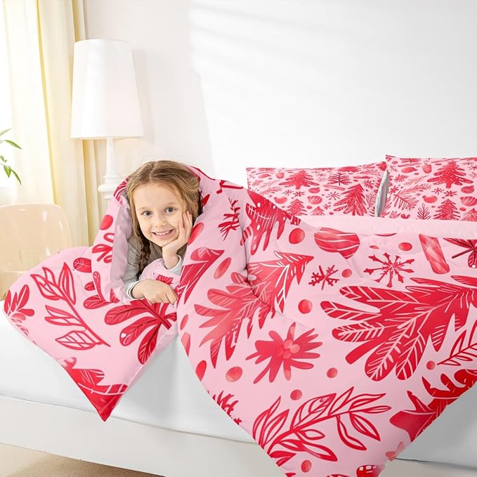Feelyou Christmas Kids Comforter Set Full Size Snowflake Candy Bedding Set Xmas Tree Duvet Quilt for Kids Boys Girls Bedroom Pine Tree Decor Microfiber Ultra Soft Breathable