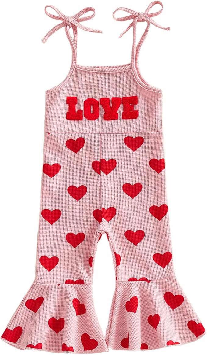 Toddler Baby Girl Valentines Day Outfit Love Sleeveless Tie-up Suspender Romper Bell Bottom Pants Spring Jumpsuit