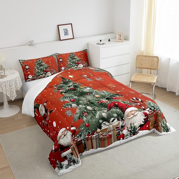 Christmas Theme Comforter Set Queen Size,Snowflake Christmas Tree Bedding Set for Kids Teens Adults Room Decor,Santa Claus Red Duvet Insert 3Pcs,X'mas Star Polka Dot Glitter Quilt Set,2 Pillowcases