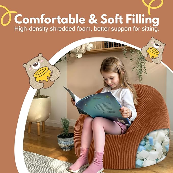 COMAX Bean Bag Chairs for Kids, Toddler BeanBag Sofa with Filler Bean Couch Stuffed for Boys and Girls, Lazy Floor Chair for Playroom, Nursery Room, Orange