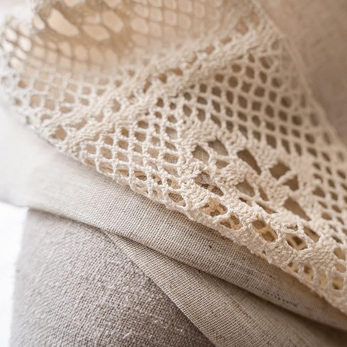ENJOYBRIDAL Beige Curtains Crochet Lace Patchwork Drapes Curtains 63 Inch Length 2 Panels Tassel Rod Pocket Short Semi-Sheer Boho Bedroom Living Room Farmhouse Rustic Window Curtain Panels