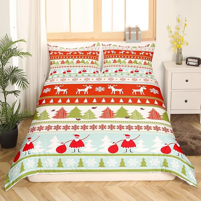 Manfei Xmas Duvet Cover Set Queen Size, Deer Snowflake Trees Santa Claus Comforter Cover with 2 Pillowcases, Christmas Theme Bedding Set 3pcs for Kids Boy Girls New Year Bedspread Cover,No Comforter