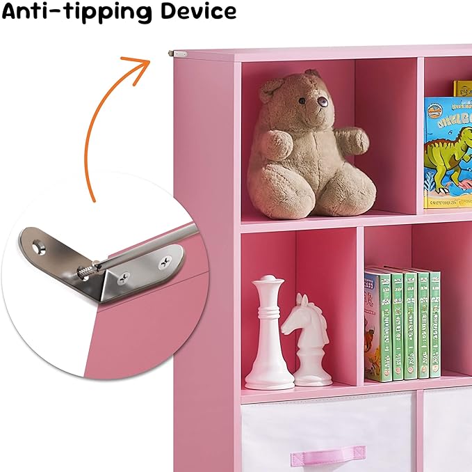 ivinta Toy Storage Organizer for Kids, 7-Cube Wooden Storage Cabinet with Collapsible Fabric Drawers for Children, 3-Tier Bookshelf for Playroom Nursery Bedroom Living Room (Pink)