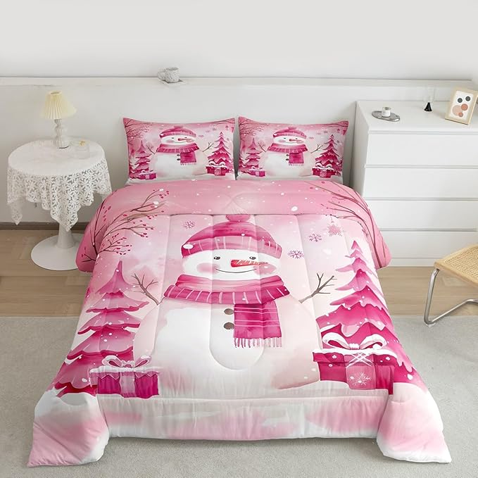 Feelyou Pink Christmas Comforter Set Queen Size Snowman Bedding Set for Kids Boys Girls Cute Snowflake Duvet Quilt Merry Christmas Tree and Snowman Room Decor 3 Pcs with 2 Pillow Cases