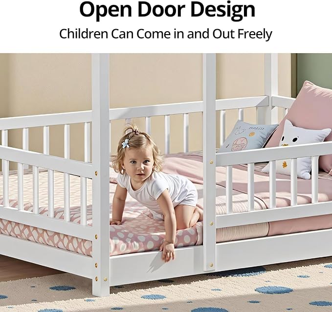 LLS Queen Size Montessori Floor Bed Frame with Slats and Fence, Wooden House Bed for Boys Girls Bedroom, White